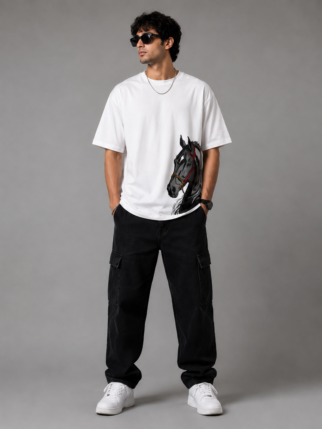 Horse Graphic White Oversized T-Shirt | Black Stallion Streetwear Tee