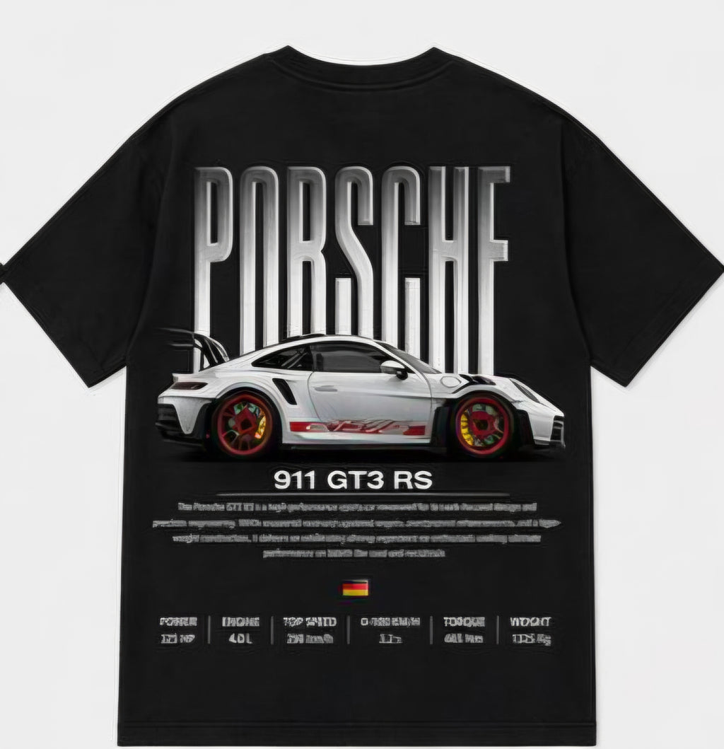 Men's Porsche 911 GT3 RS Oversized Black Graphic Printed T-Shirt | Premium Cotton Blend Back Print Streetwear Tee