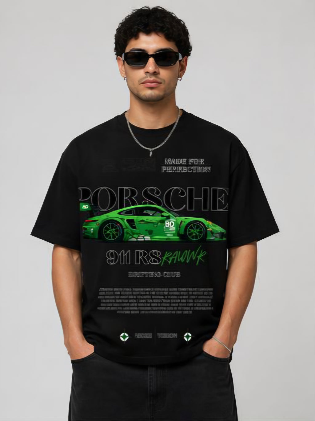 Men's Porsche 911 RSR Green Racing Car Oversized Black Graphic Printed T-Shirt | Premium Cotton Blend Crew Neck Streetwear Tee