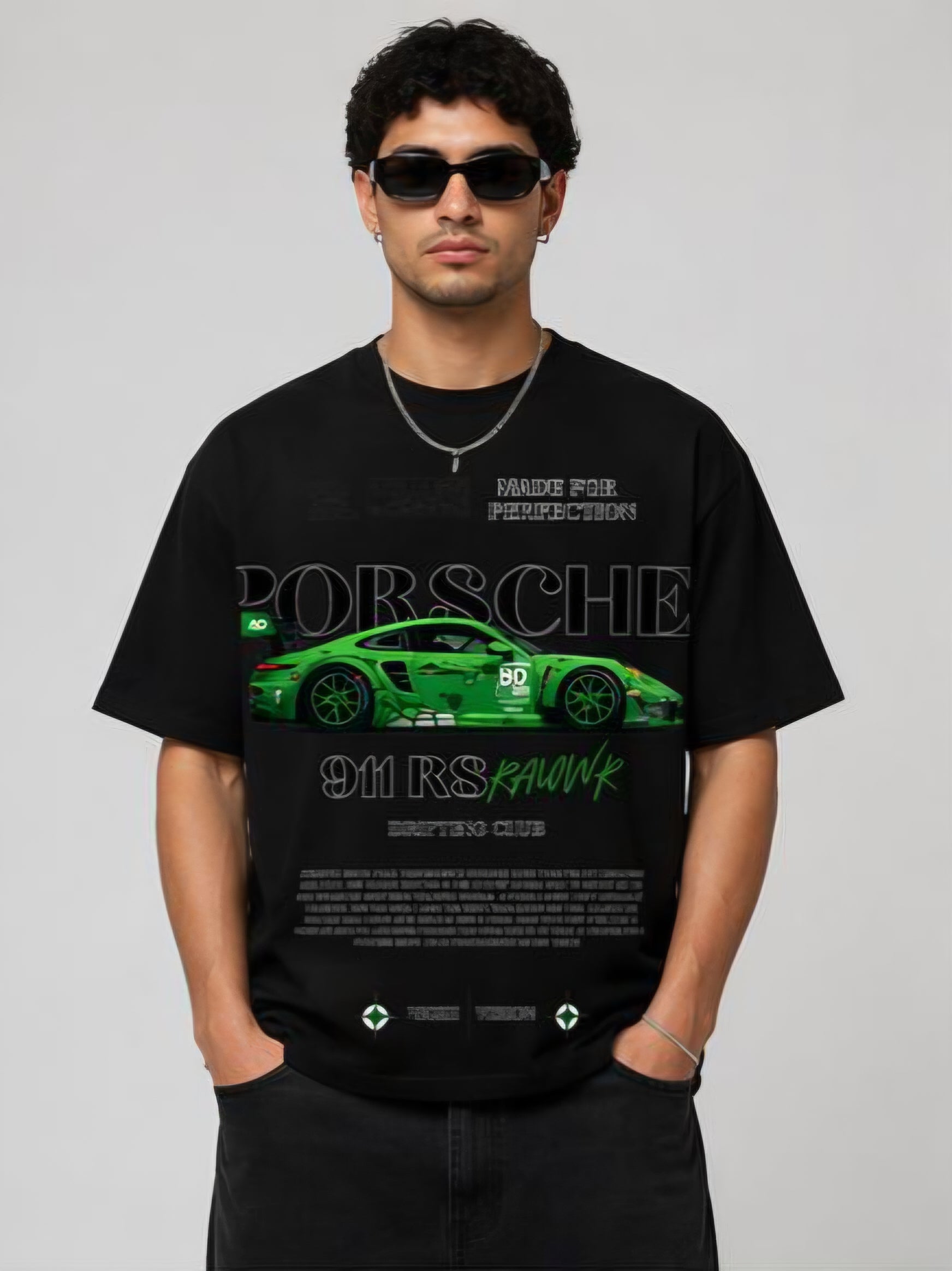 Men's Porsche 911 RSR Green Racing Car Oversized Black Graphic Printed T-Shirt | Premium Cotton Blend Crew Neck Streetwear Tee