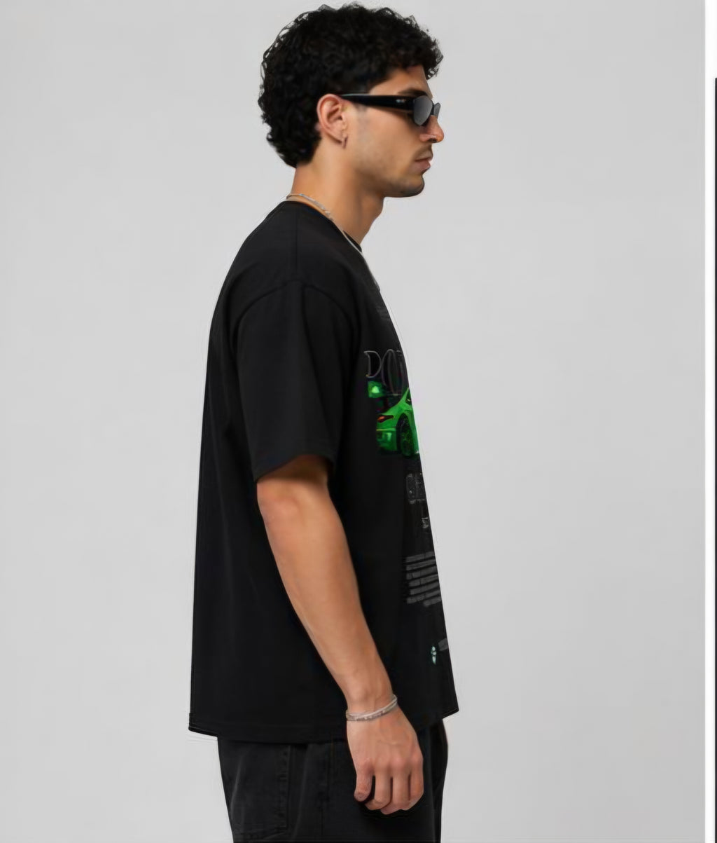 Men's Porsche 911 RSR Green Racing Car Oversized Black Graphic Printed T-Shirt | Premium Cotton Blend Crew Neck Streetwear Tee