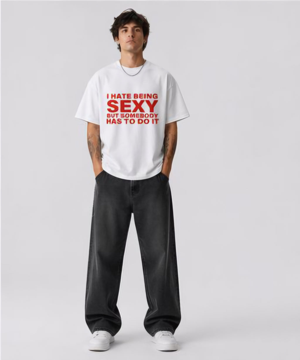 Oversized White Graphic T-Shirt for Men | Funny Quote Printed Cotton Tee | Trendy Streetwear Relaxed Fit T-Shirt