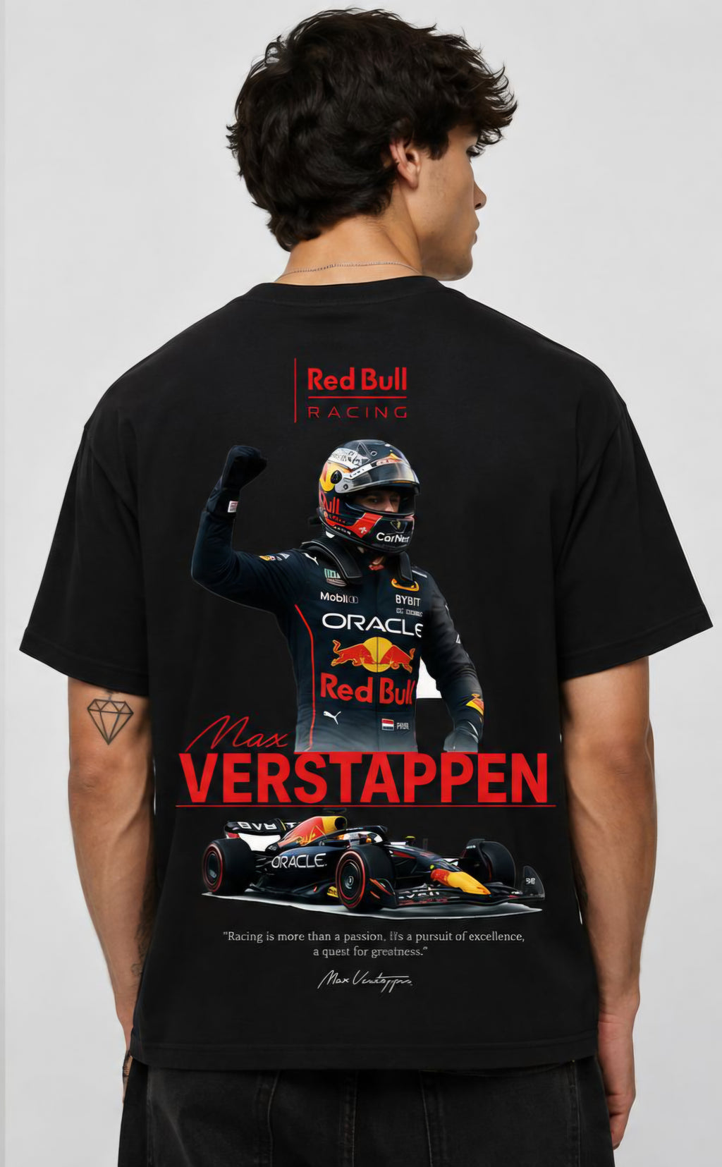 Men's Oversized Max Verstappen Red Bull Racing Graphic T-Shirt | Black Formula Racing Cotton Streetwear Tee