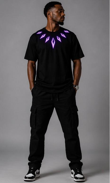 Tribal Neon Panther Graphic T-Shirt – Futuristic Streetwear Black Tee